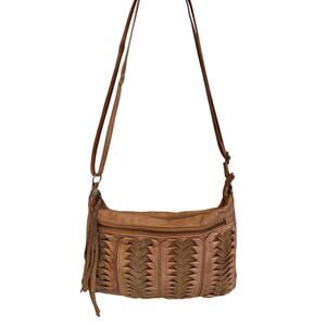 Day & Mood Womens Crossbody Shoulder Bag Leather Tan Brown  Boho Weave Tassel